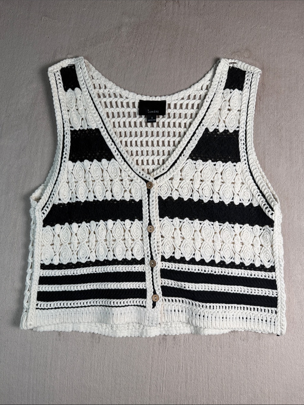 Lumiere Crocheted Vest Boho S Rosette Knit Cardigan Cream Black Festival Indie